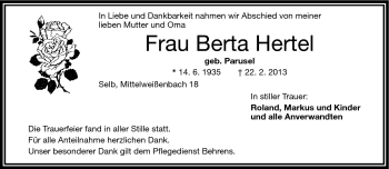 Traueranzeige von Berta Hertel von Frankenpost