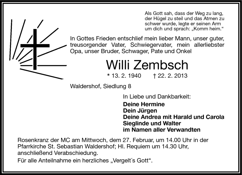 Traueranzeige für Willi Zmbsch vom 25.02.2013 aus Frankenpost