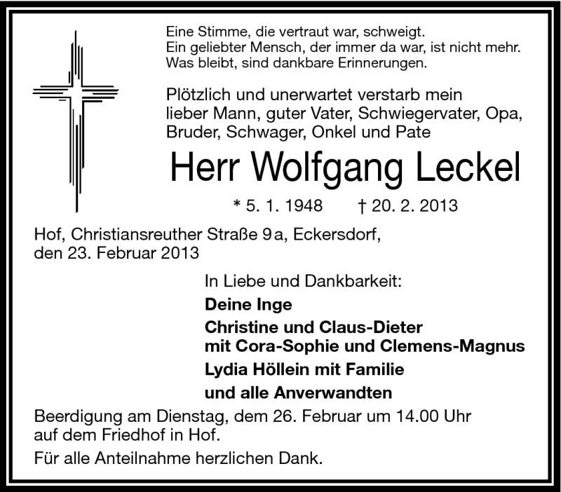  Traueranzeige für Wolfgang Leckel vom 23.02.2013 aus Frankenpost