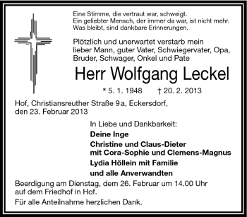 Traueranzeige von Wolfgang Leckel von Frankenpost