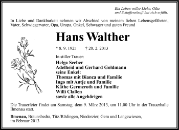 Traueranzeige von Hans Walther von Südthüringer Presse