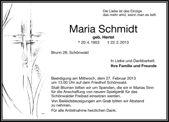 Traueranzeige von Maria Schmidt von Frankenpost