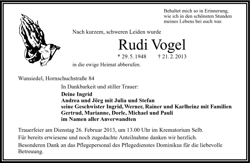  Traueranzeige für Rudi Vogel vom 23.02.2013 aus Frankenpost
