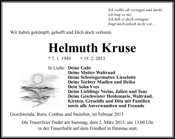 Traueranzeige von Helmuth Kruse von Südthüringer Presse