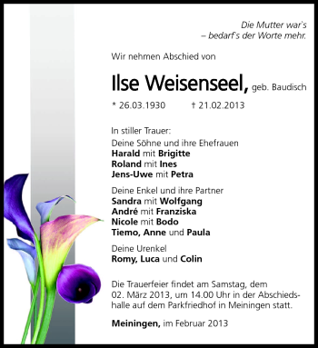 Traueranzeige von Ilse Weisenseel von Südthüringer Presse