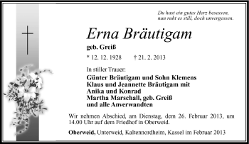 Traueranzeige von Erna Bräutigam von Südthüringer Presse