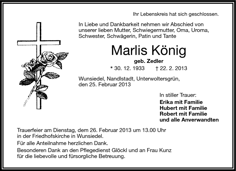  Traueranzeige für Marlies König vom 25.02.2013 aus Frankenpost