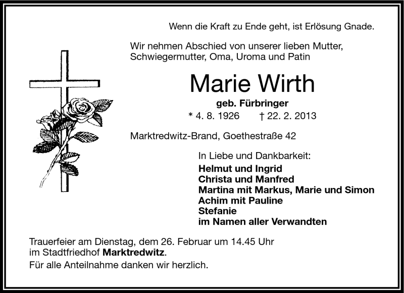  Traueranzeige für Marie Wirth vom 25.02.2013 aus Frankenpost