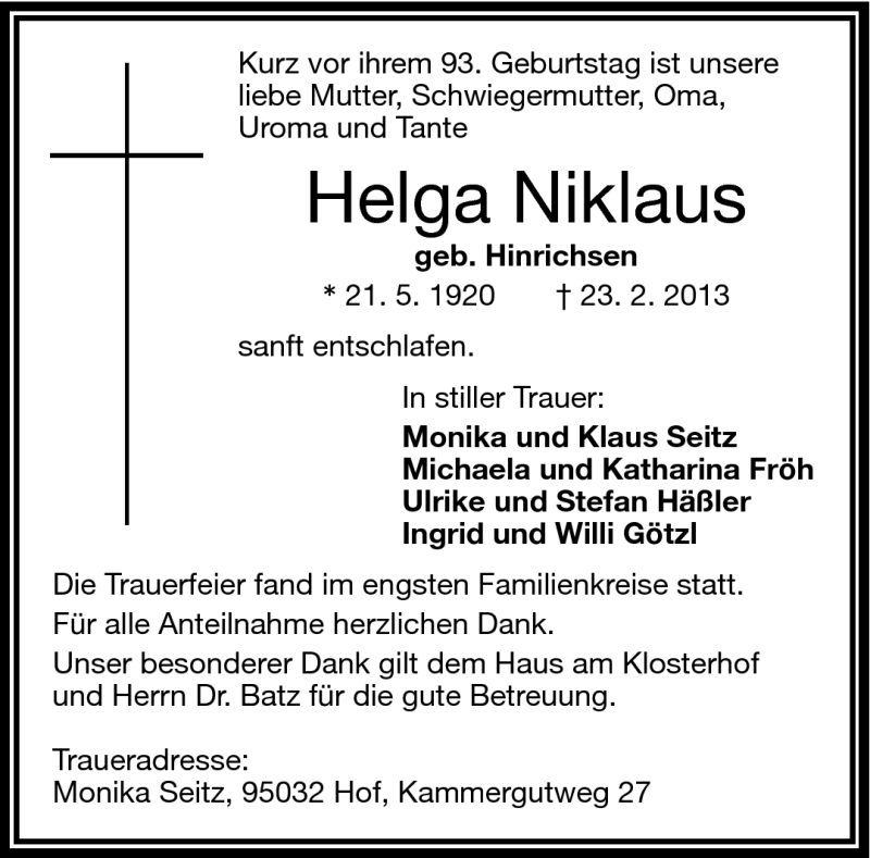  Traueranzeige für Helga Niklaus vom 02.03.2013 aus Frankenpost