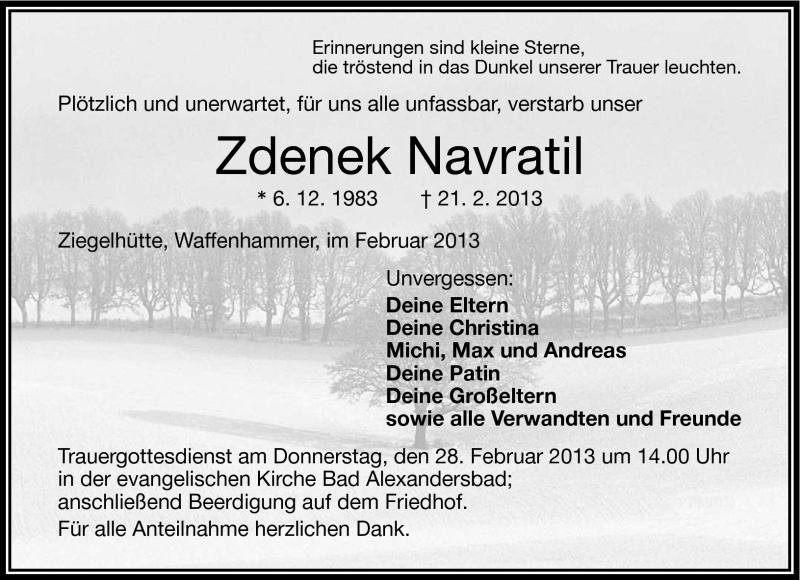  Traueranzeige für Zdenek Navratil vom 26.02.2013 aus Frankenpost