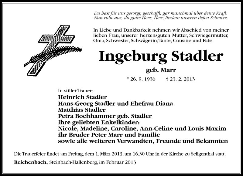  Traueranzeige für Ingeburg Stadler vom 26.02.2013 aus Südthüringer Presse
