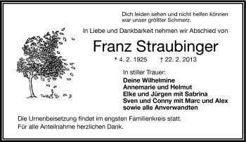 Traueranzeige von Franz Straubinger von Frankenpost