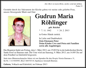 Traueranzeige von Gudrun Maria Röhlinger von Südthüringer Presse