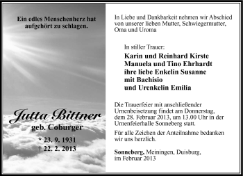 Traueranzeige von Jutta Bittner von Südthüringer Presse