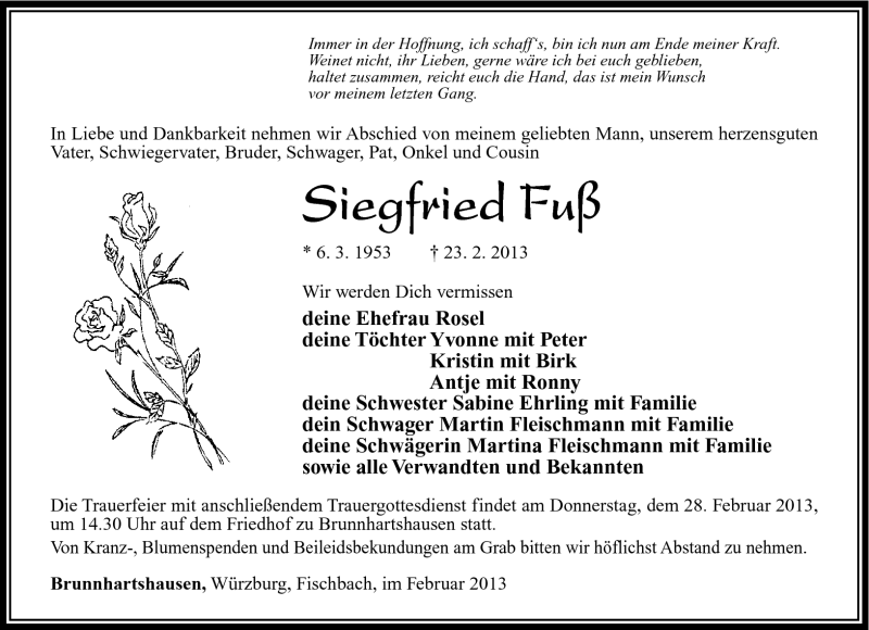  Traueranzeige für Siegfried Fuß vom 26.02.2013 aus Südthüringer Presse
