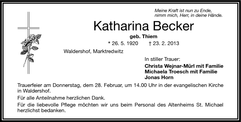  Traueranzeige für Katharina Becker vom 26.02.2013 aus Frankenpost