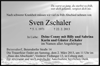 Traueranzeige von Sven Zschaler von Neue Presse Coburg