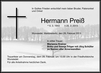 Traueranzeige von Hermann Preiß von Frankenpost