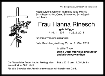 Traueranzeige von Hanna Rinesch von Frankenpost