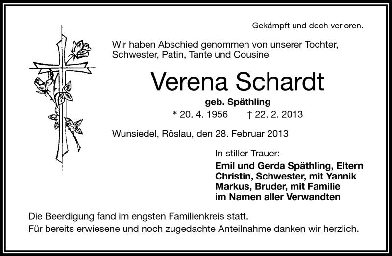  Traueranzeige für Verena Schardt vom 28.02.2013 aus Frankenpost