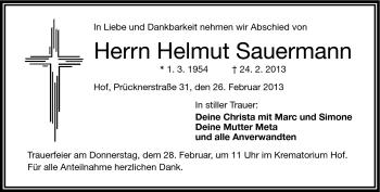 Traueranzeige von Helmut Sauermann von Frankenpost