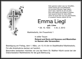 Traueranzeige von Emma Liegl von Frankenpost