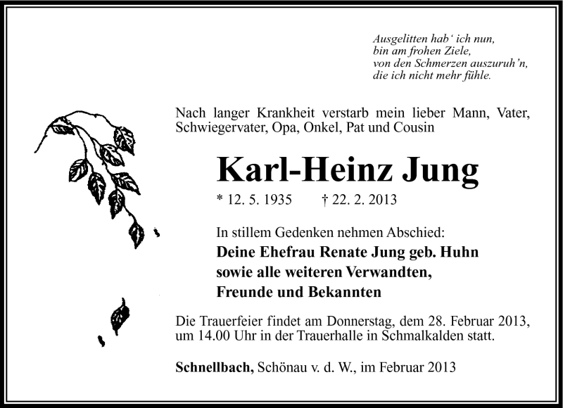  Traueranzeige für Karl-Heinz Jung vom 26.02.2013 aus Südthüringer Presse