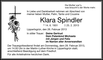Traueranzeige von Klara Spindler von Frankenpost