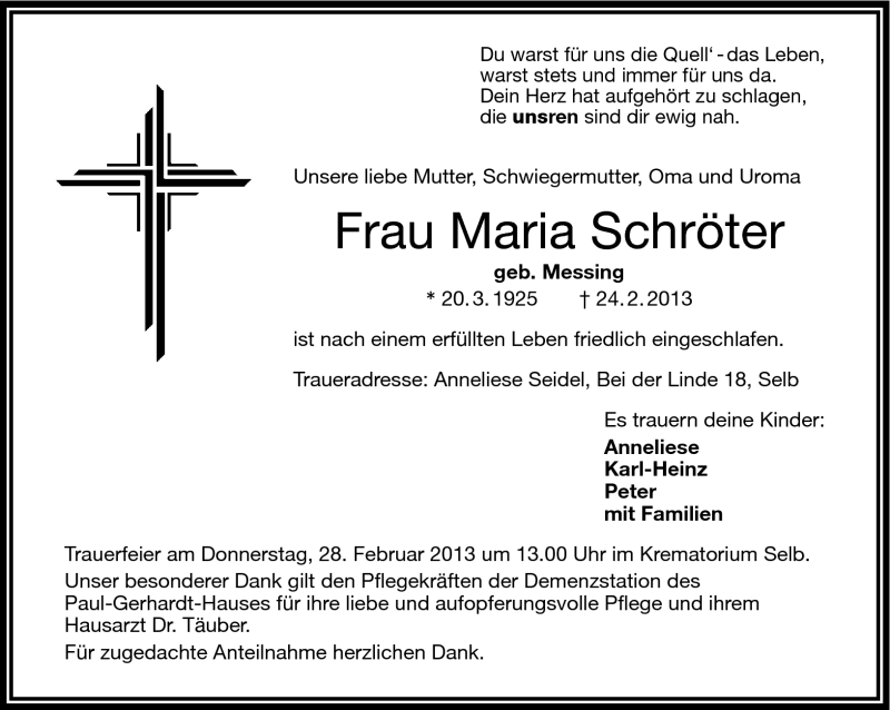  Traueranzeige für Maria Schröter vom 27.02.2013 aus Frankenpost
