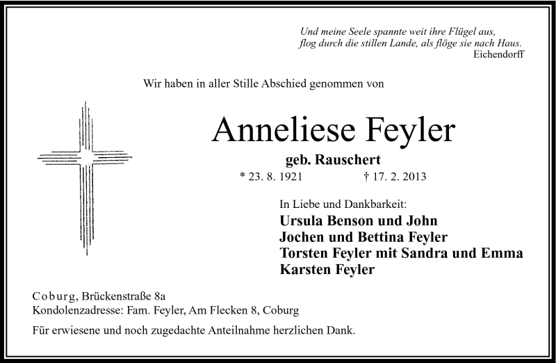  Traueranzeige für Anneliese Feyler vom 27.02.2013 aus Neue Presse Coburg