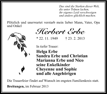 Traueranzeige von Herbert Erbe von Südthüringer Presse