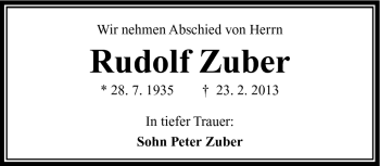Traueranzeige von Rudolf Zuber von Südthüringer Presse