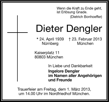 Traueranzeige von Dieter Dengler von Frankenpost