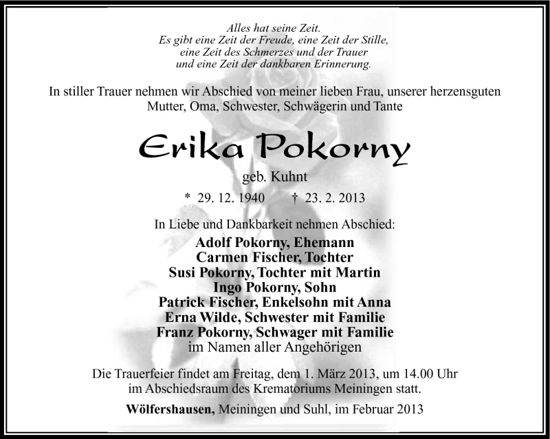  Traueranzeige für Erika Pokorny vom 27.02.2013 aus Südthüringer Presse