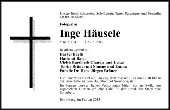 Traueranzeige von Inge Häusele von Südthüringer Presse