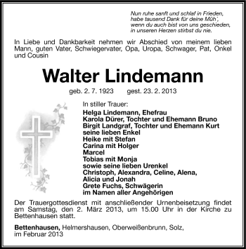 Traueranzeige von Walter Lindemann von Südthüringer Presse