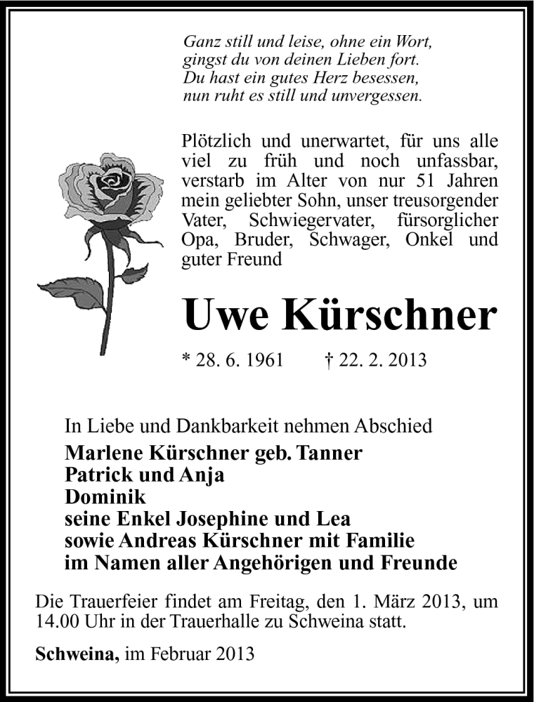  Traueranzeige für Uwe Kürschner vom 27.02.2013 aus Südthüringer Presse