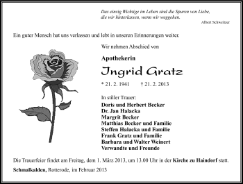 Traueranzeige von Ingrid Gratz von Südthüringer Presse