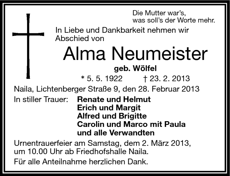  Traueranzeige für Alma Neumeister vom 28.02.2013 aus Frankenpost