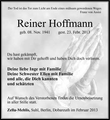 Traueranzeige von Reiner Hoffmann von Südthüringer Presse