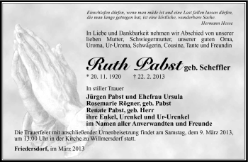 Traueranzeige von Ruth Pabst von Südthüringer Presse