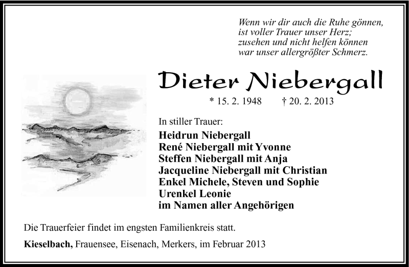  Traueranzeige für Dieter Niebergall vom 27.02.2013 aus Südthüringer Presse
