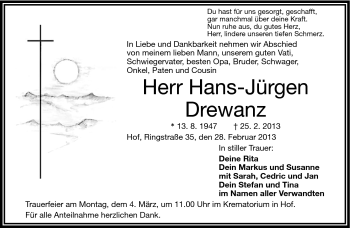 Traueranzeige von Hans-Jürgen Drewanz von Frankenpost