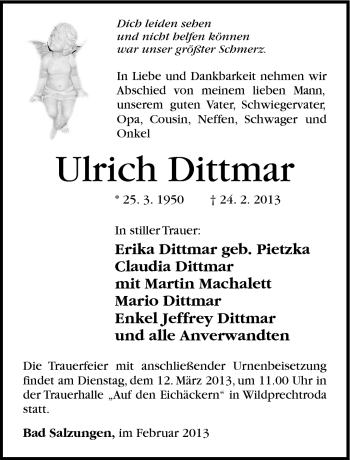 Traueranzeige von Ulrich Dittmar von Südthüringer Presse
