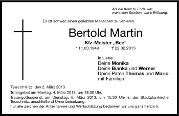 Traueranzeige von Bertold Martin von Neue Presse Coburg