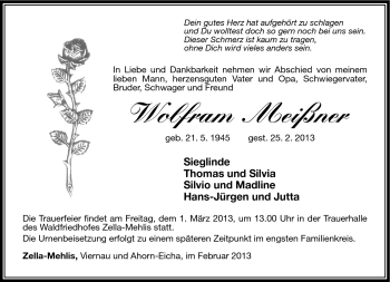 Traueranzeige von Wolfram Meißner von Südthüringer Presse