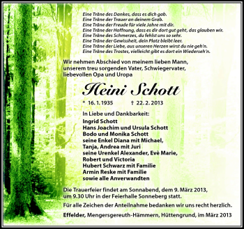 Traueranzeige von Heini Schott von Südthüringer Presse