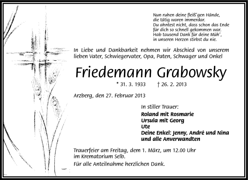  Traueranzeige für Roland Grabowsky vom 27.02.2013 aus Frankenpost