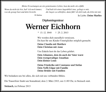 Traueranzeige von Werner Eichhorn von Südthüringer Presse