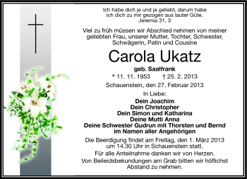 Traueranzeige von Carola Ukatz von Frankenpost